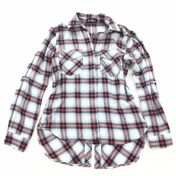 Sam Edelman Plaid Shirt Size Small Blue Red Button Down Zipper Shoulder Top S - Picture 1 of 9